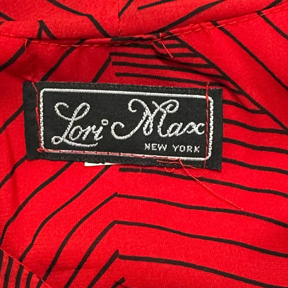 Lori Max New York VTG 80s Red Black‎ Geometric Print Midi Dress Belted Pleated L